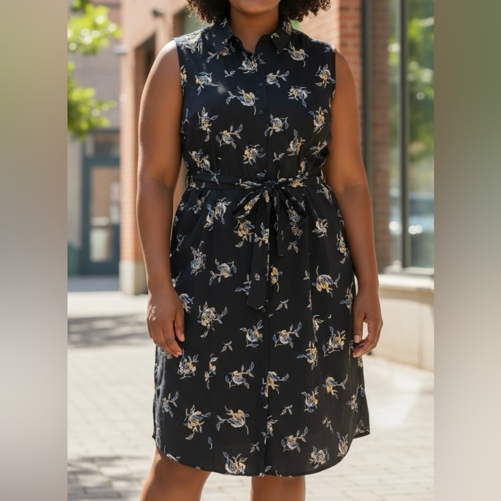 WhoWhatWear Women’s Floral Sleeveless Tie Waist Black Dress size 4X